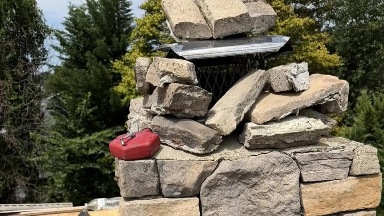 Failed stone chimney with the crown broken apart and loose stones piled around a crooked cap
